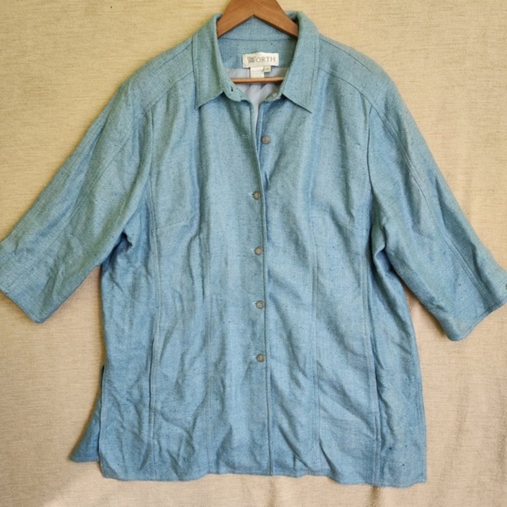 Worth Womens XL Light Blue 100% Pure Silk Textured Vintage Button Front Blazer